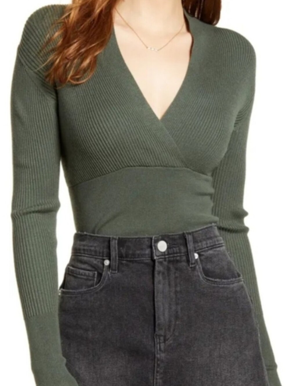 Leith Olive Ribbed V-Neck Knit Top
